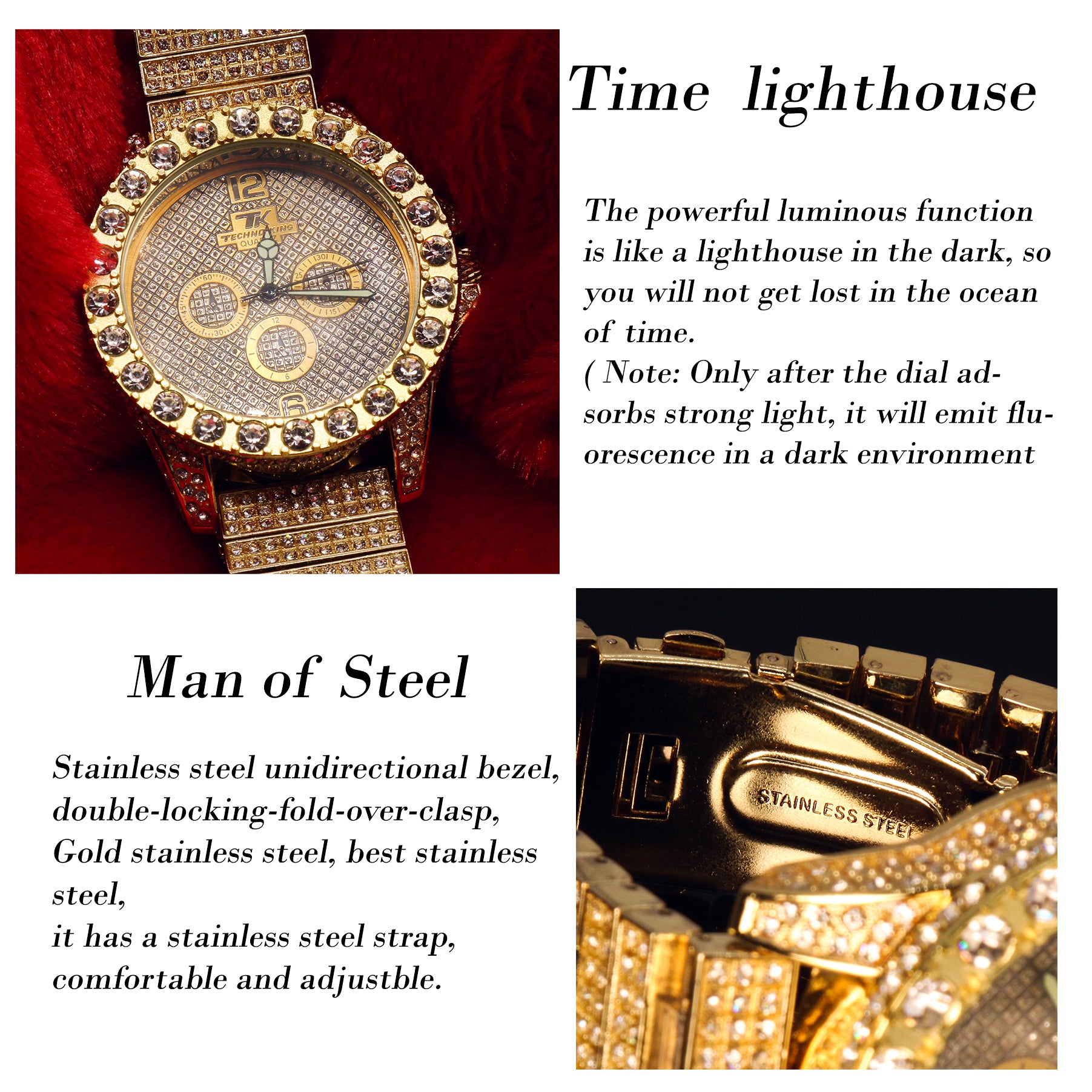 3 Rings Gold Ice Out Techno KING Watch Big Cz