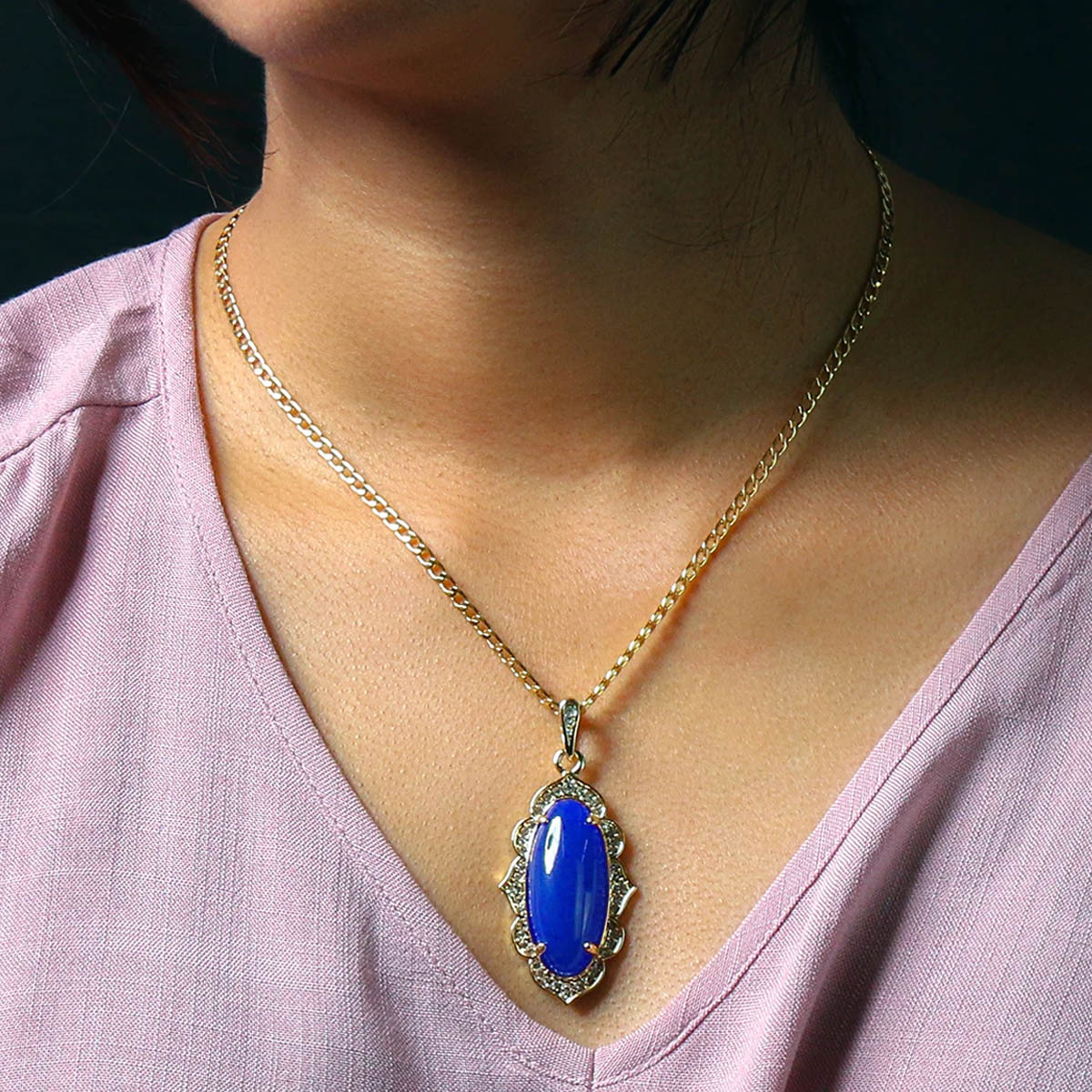 Blue Oval Women's Jade Chain Pendant Necklace