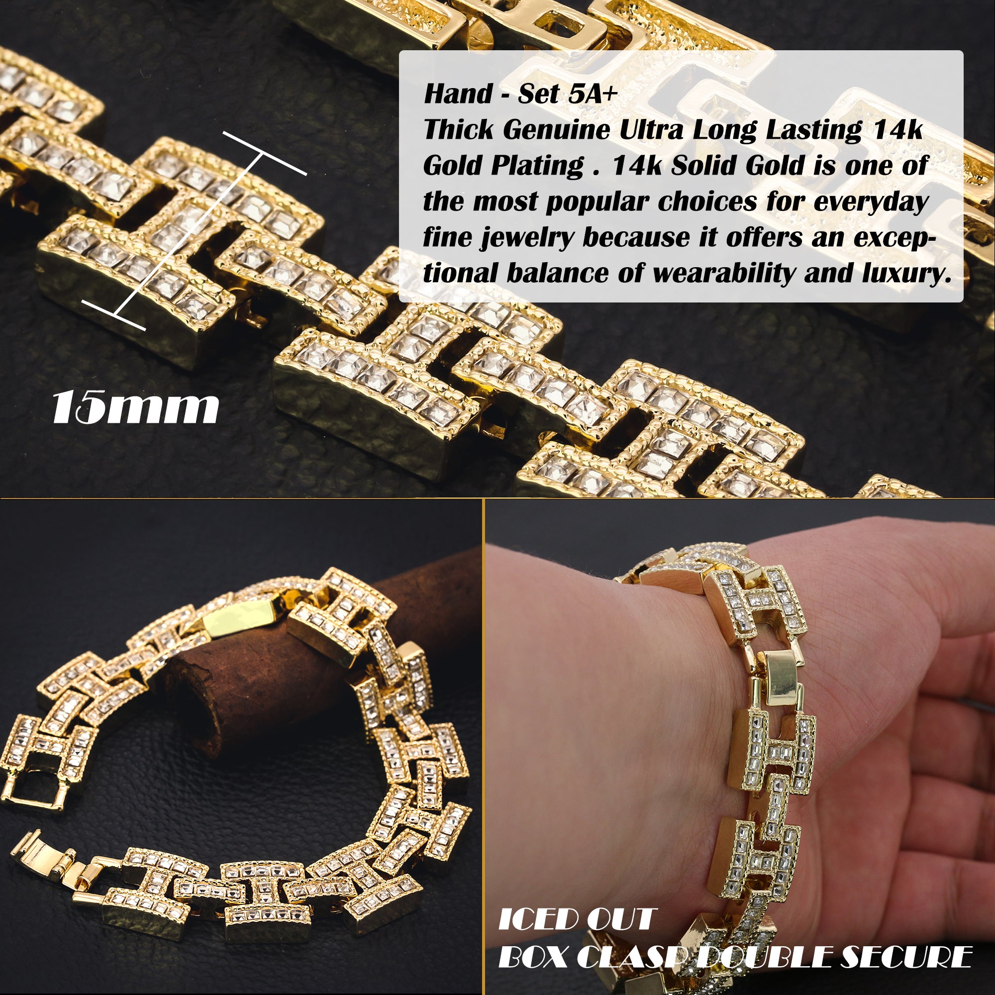 Thick BRACELET Diamond Cut H 14k Gold Plated 15 mm 9"