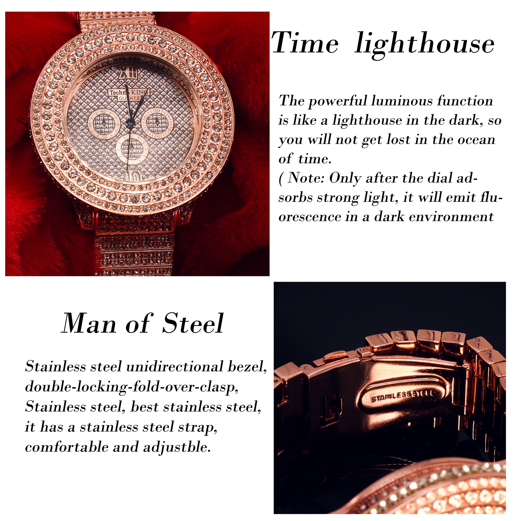 3 Rings Rose Gold Ice Out Techno KING Watch