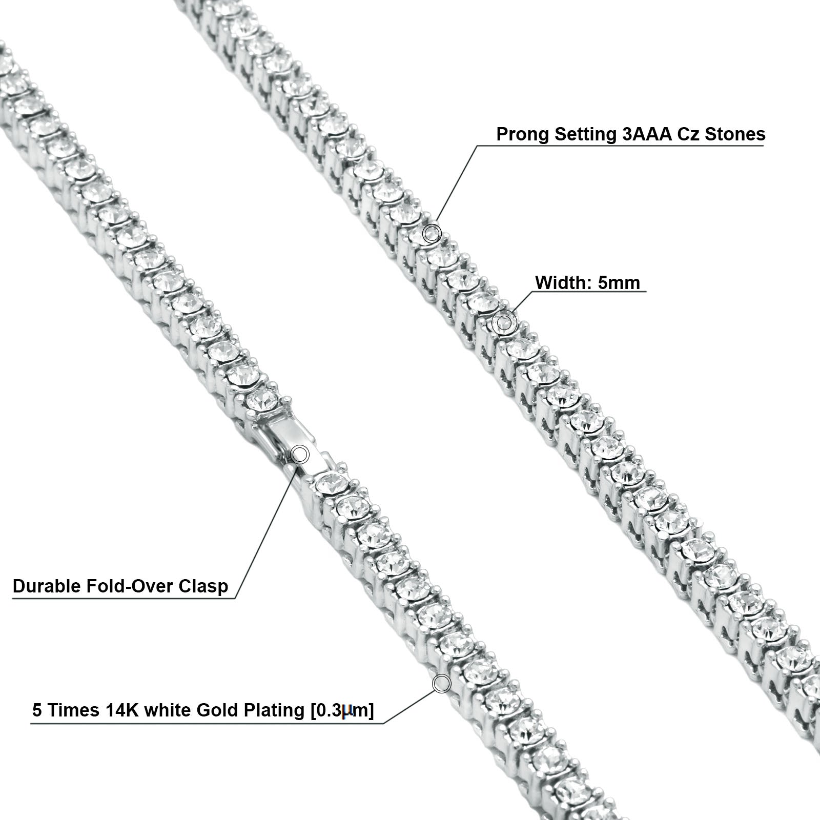 White GOLD TENNIS CHAIN 18" 20" 24" 30"