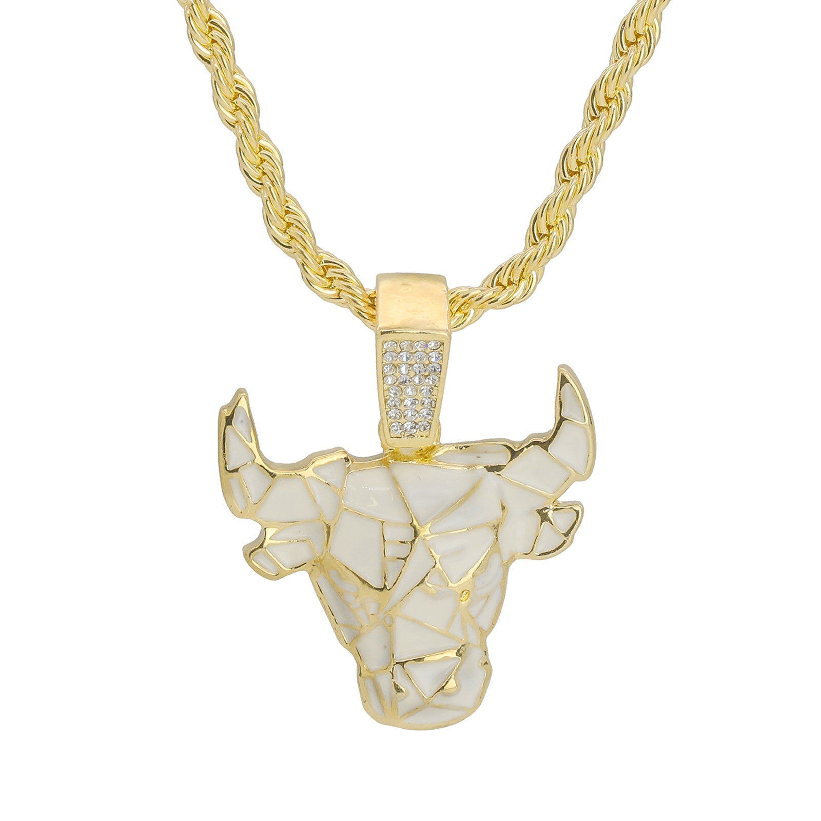 White & Gold Bull Pendant 24" Rope Chain Hip Hop 18k Jewelry