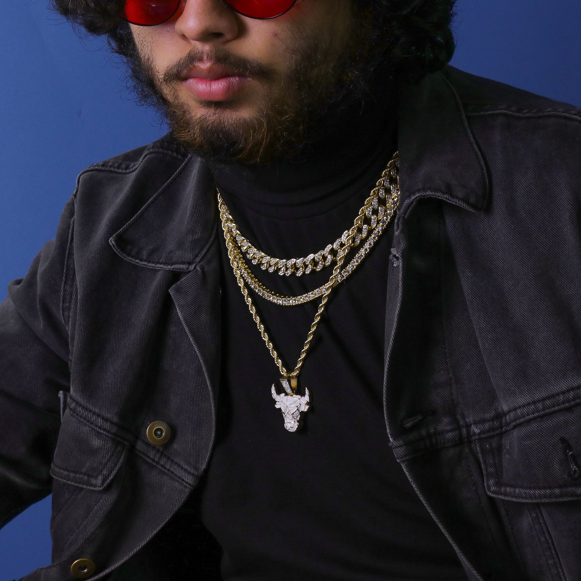 White & Gold Bull Pendant 24" Rope Chain Hip Hop 18k Jewelry