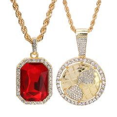 Gold Plated Red Stone & Iced World Globe Pendant Cubic-Zirconia Rope Chain