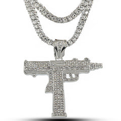 White GOLD TENNIS CHAIN 18" 20" AK 40 GUN Pendant 3pcs Bundle Set