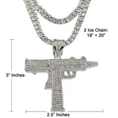 White GOLD TENNIS CHAIN 18" 20" AK 40 GUN Pendant 3pcs Bundle Set