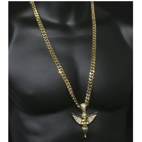Gold Angel Necklace with Iced-Out CZ Stones & 30" 10mm Cuban Chain – 14K Gold-Plated Hip Hop Pendant