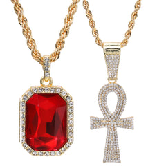 Gold Plated Red Stone & Ankh Cross Pendant Cubic-Zirconia Rope Chain