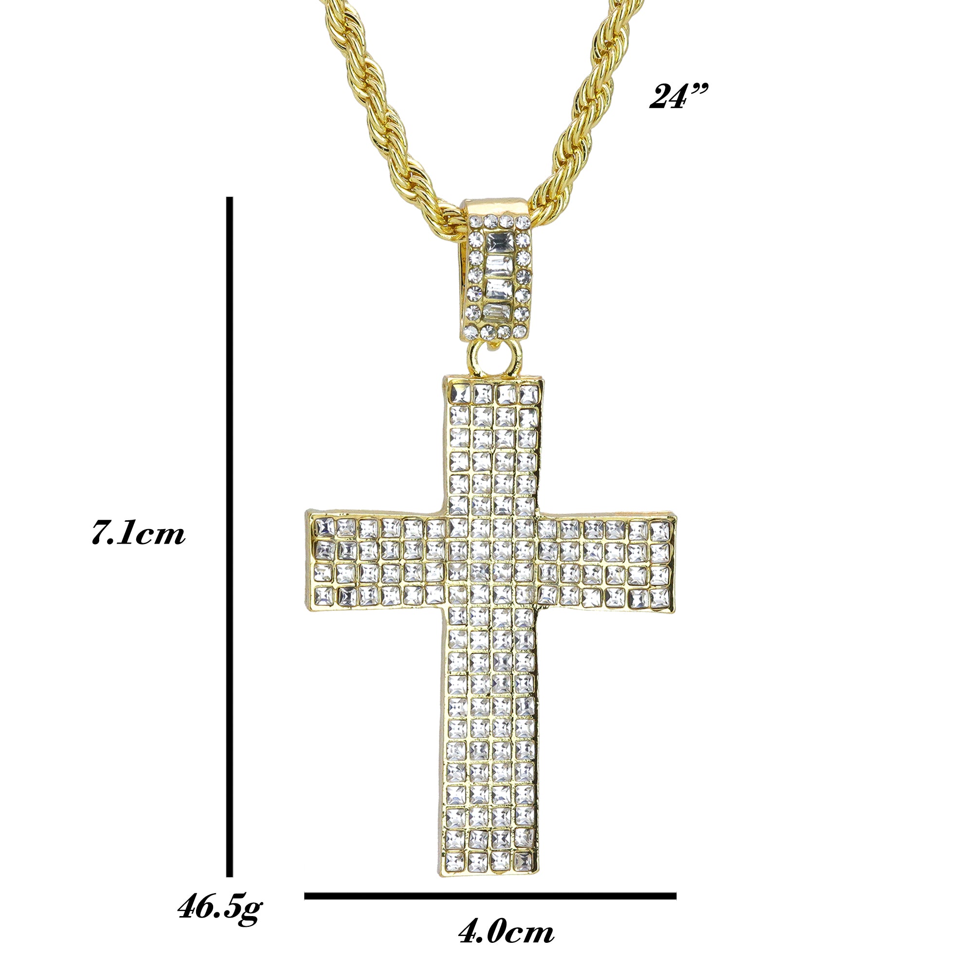 Iced 4 Row Cross Pendant 24"Rope Chain Hip Hop Style 18k Gold Plated