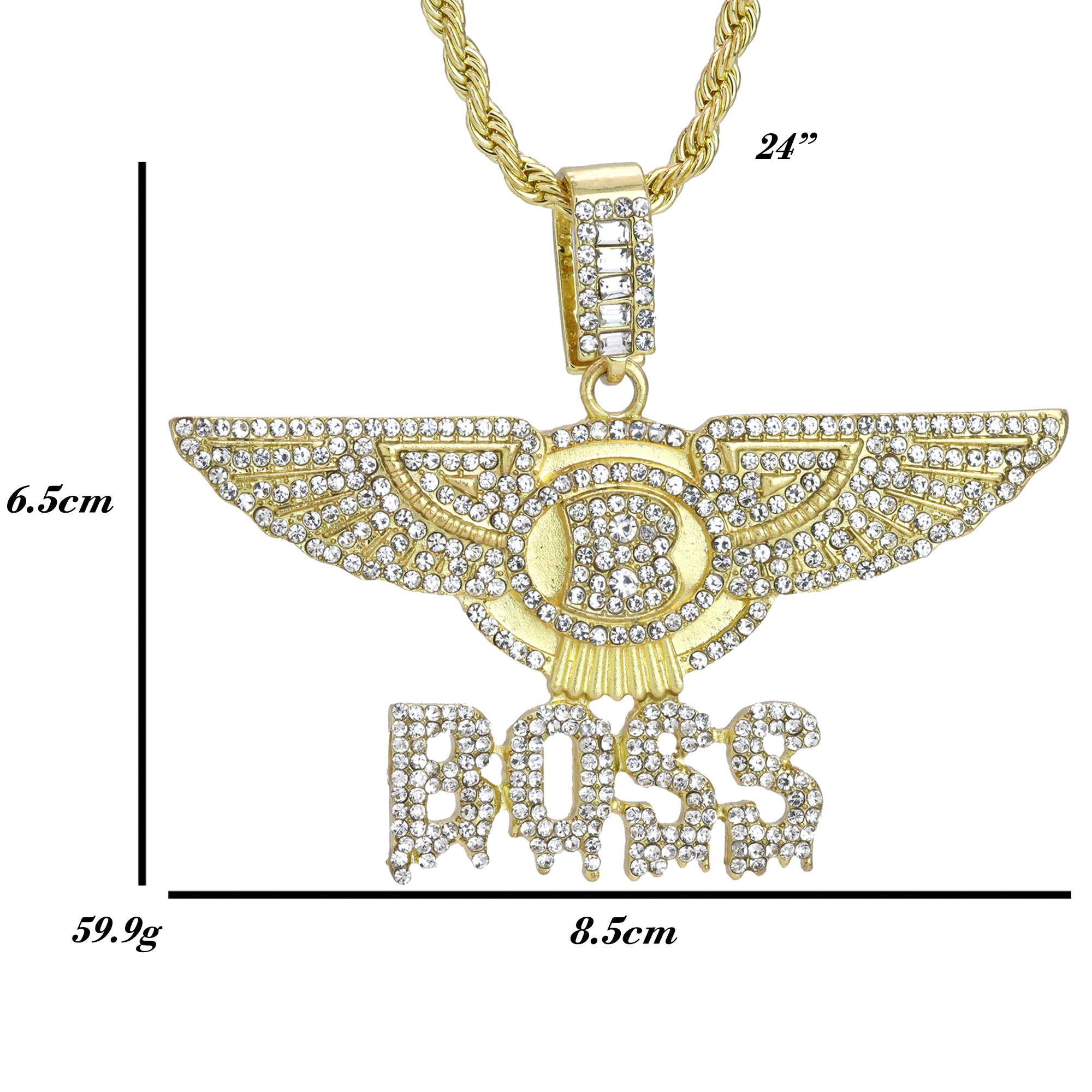 Iced Boss Wing Drip Pendant 24"Rope Chain Hip Hop Style 18k Gold Plated