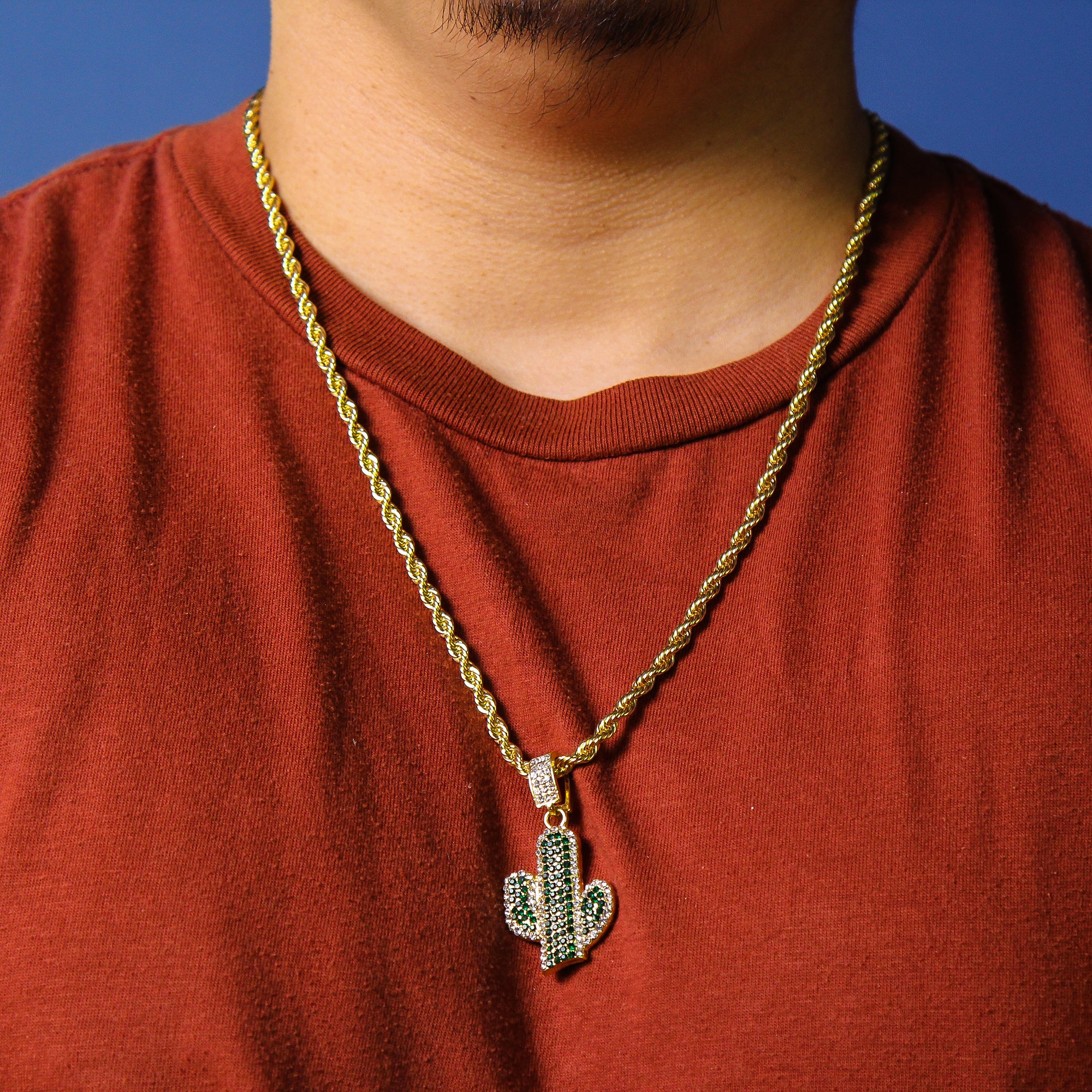 Green Cactus Cz Pendant Rope Chain Men's Hip Hop 18k Cz Jewelry