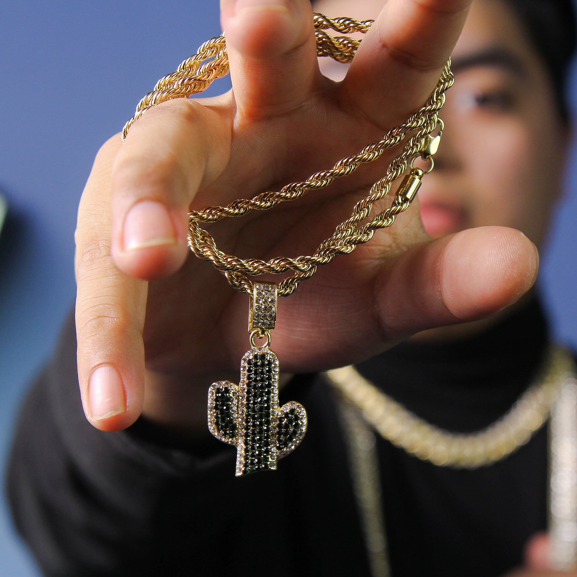Green Cactus Cz Pendant Rope Chain Men's Hip Hop 18k Cz Jewelry