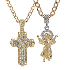 Child Jesus Worship & Hollow X Cross Pendant 20, 24" Cubic-Zirconia Gold Plated