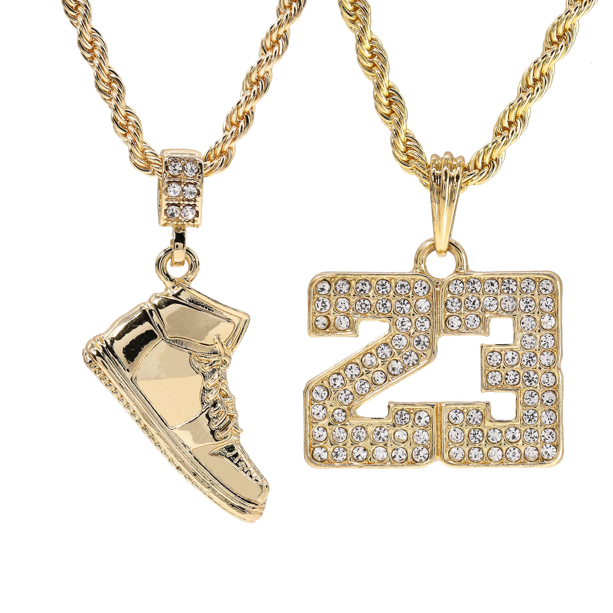 23 & Clear Retro Shoe Pendant Men's Gold Plated 24 Rope Chain Hip-Hop Necklace
