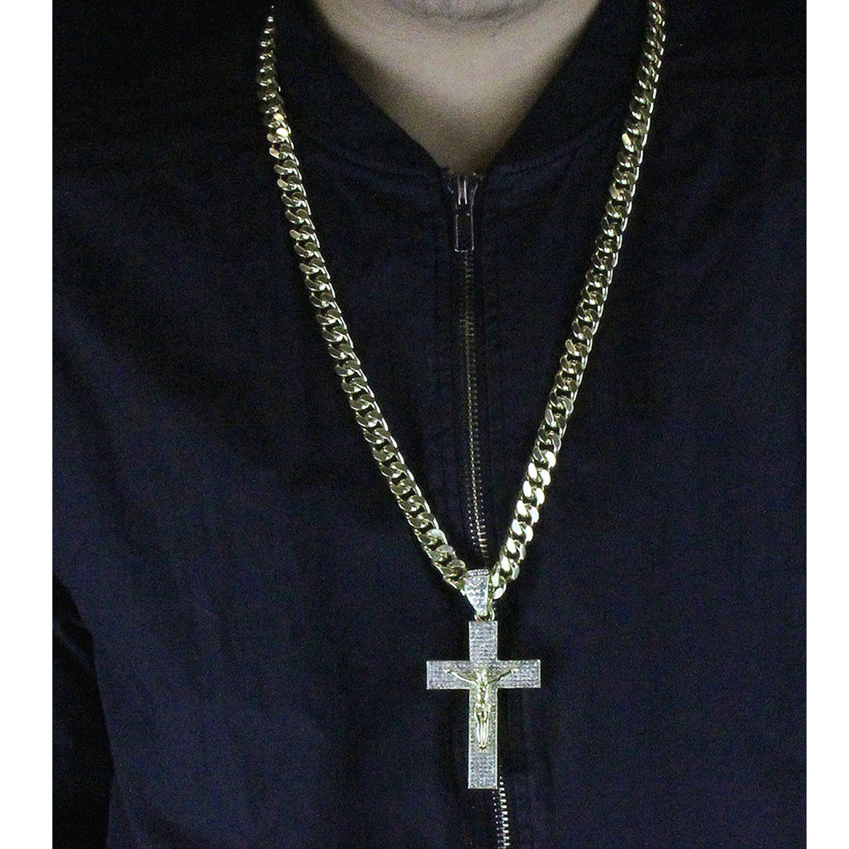 Gold Cross Jesus Pendant Necklace – 10mm Miami Cuban Link Chain (30")