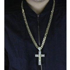 Gold Cross Jesus Pendant Necklace – 10mm Miami Cuban Link Chain (30")