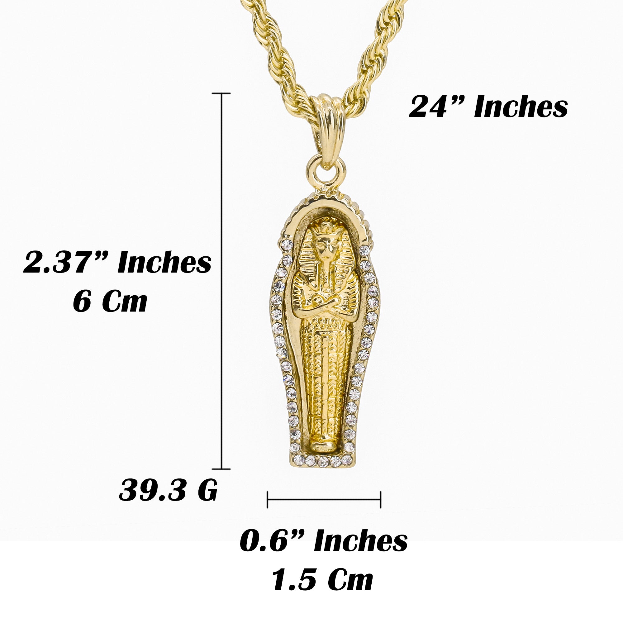 Cz Border Sarcophagus Pendant 24" Rope Chain Hip Hop Style 18k Gold Plated