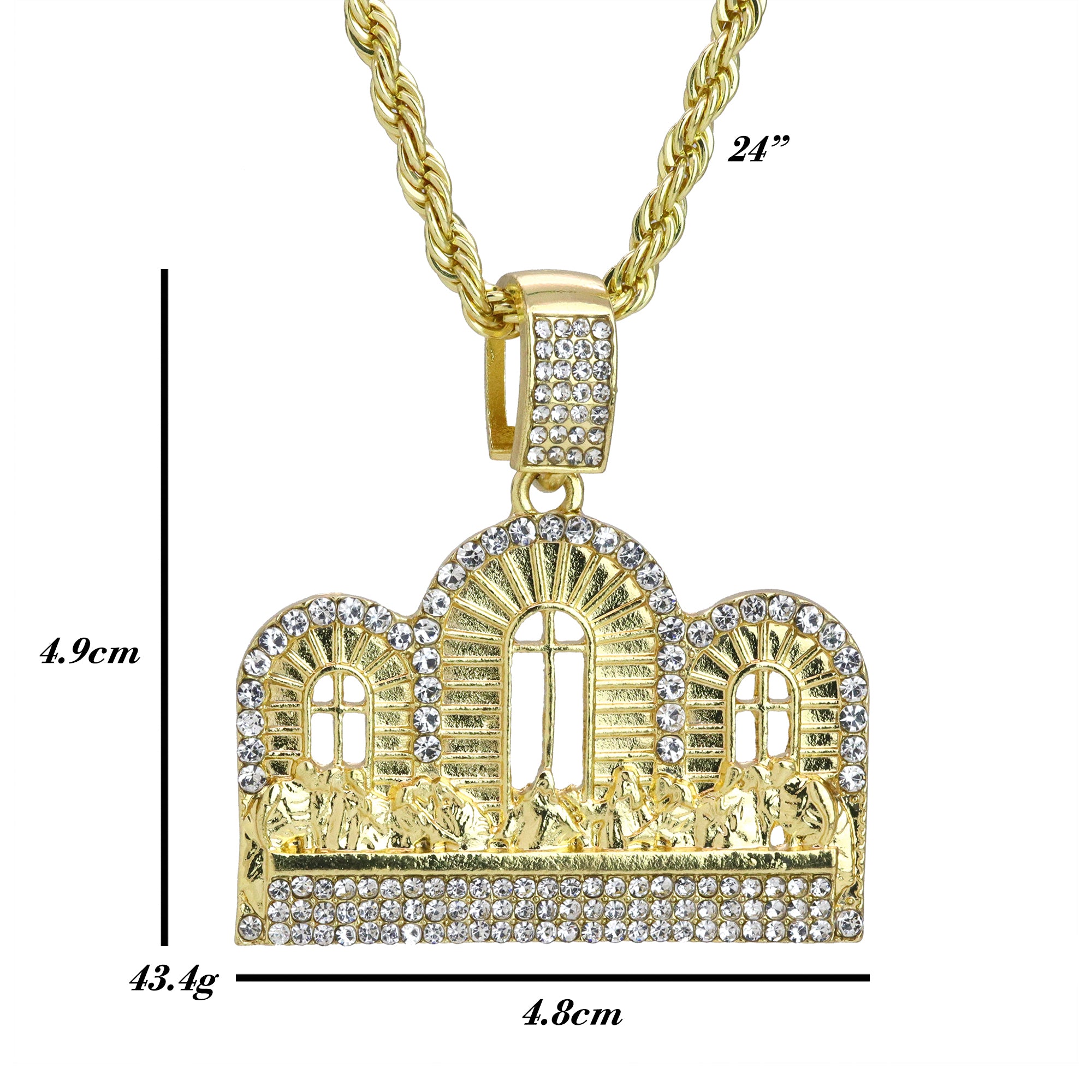Iced Last Supper Temple Pendant 24"Rope Chain Hip Hop Style 18k Gold Plated