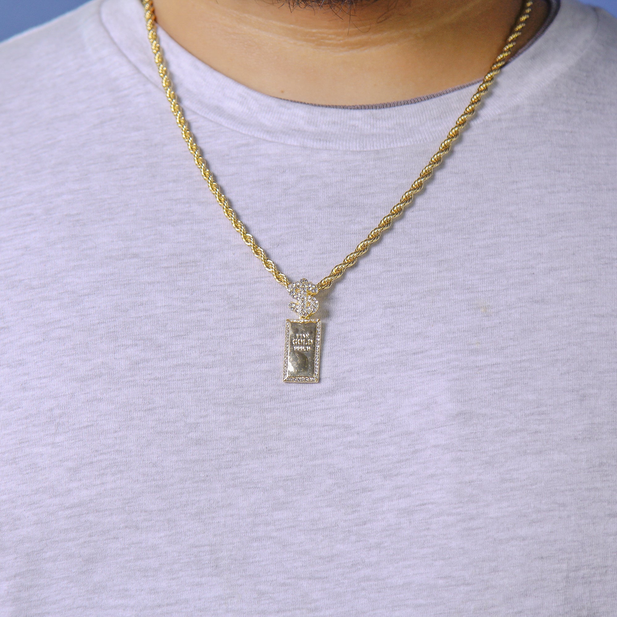 Gold Bar Pendant Rope Chain Men's Hip Hop 18k Cz Jewelry Necklace