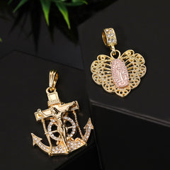 Jesus Anchor & Catholic Heart Mary Pendant Gold Plated 24 30 Rope Chain Cubic-Zirconia