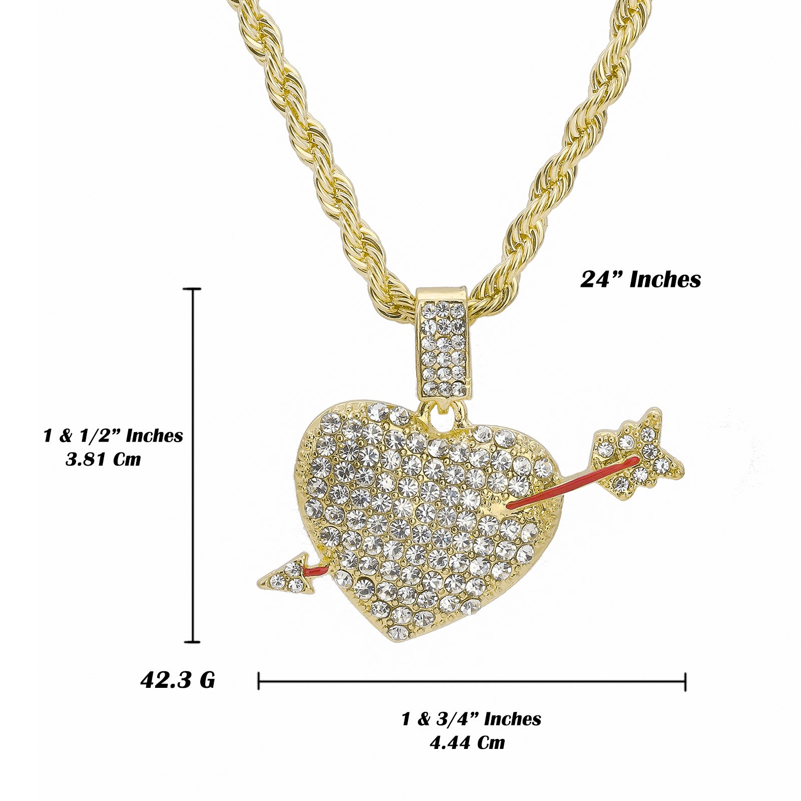 Arrow & Heart Pendant Rope Chain Men's Hip Hop 18k Cz Jewelry Necklace