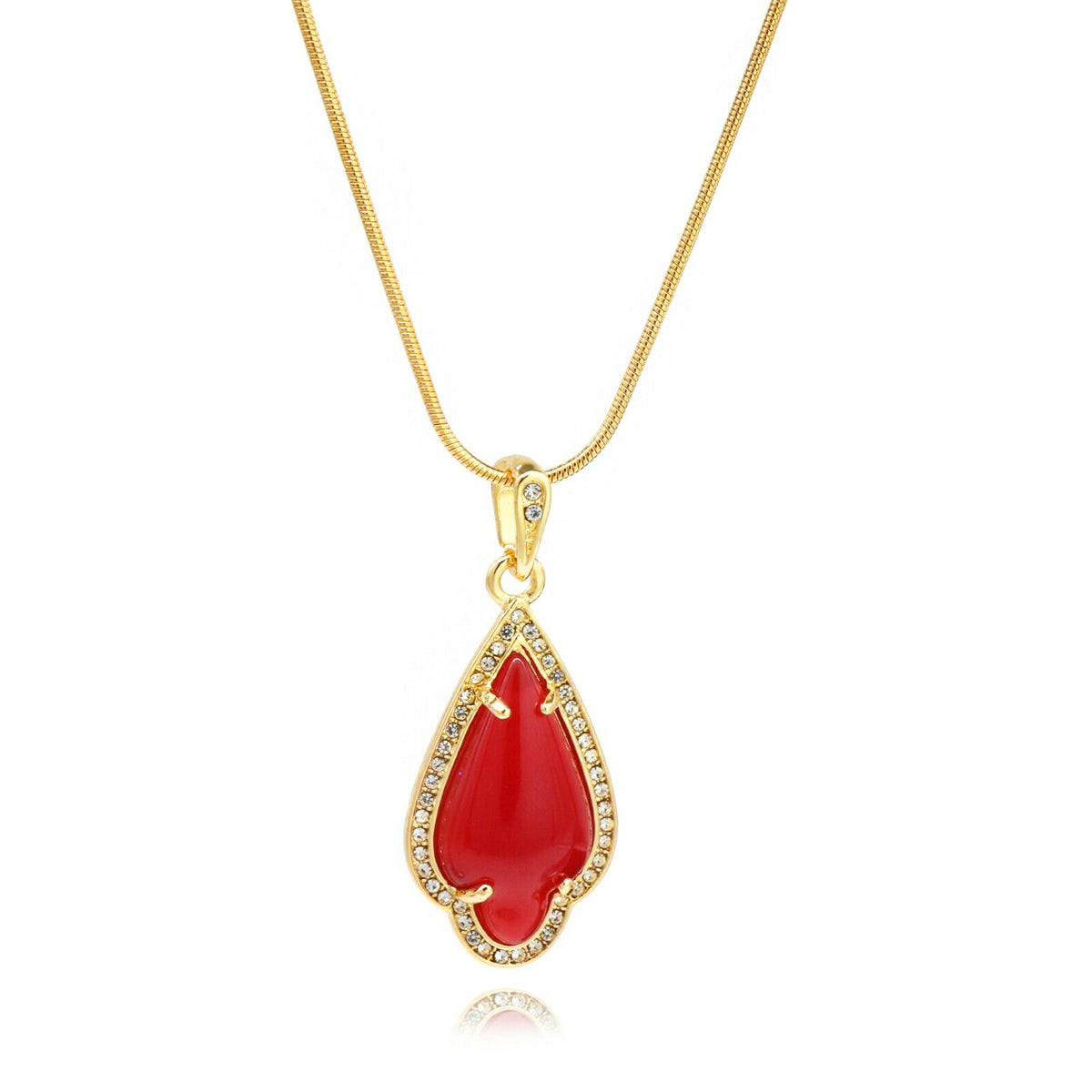 Red Women's Pendants 14K Gold Plated Lab Diamond Mounted Curved Tear Resin Jade High Fashion Jewelry Chain Pendant Necklaces