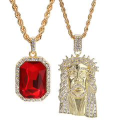 Gold Plated Red Stone & Thorn Crown Jesus Face Pendant Cubic-Zirconia Rope Chain
