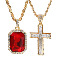 Gold Plated Red Stone & Jagged Edge Cross Pendant Cubic-Zirconia Rope Chain