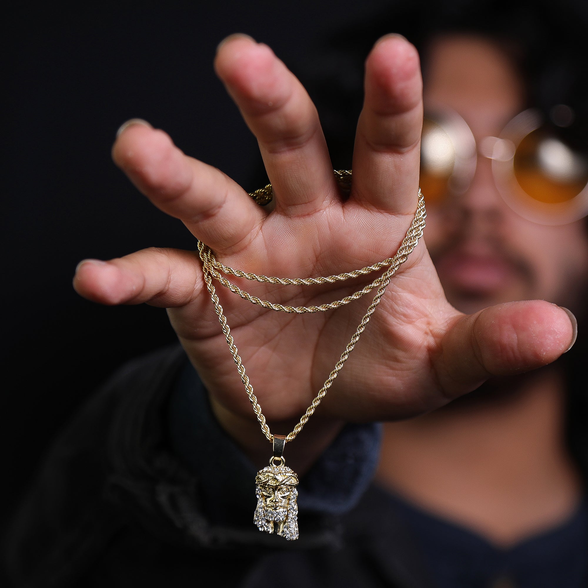 Micro Jesus Face Pendant 24" Rope Chain Hip Hop Style 18k Gold PT