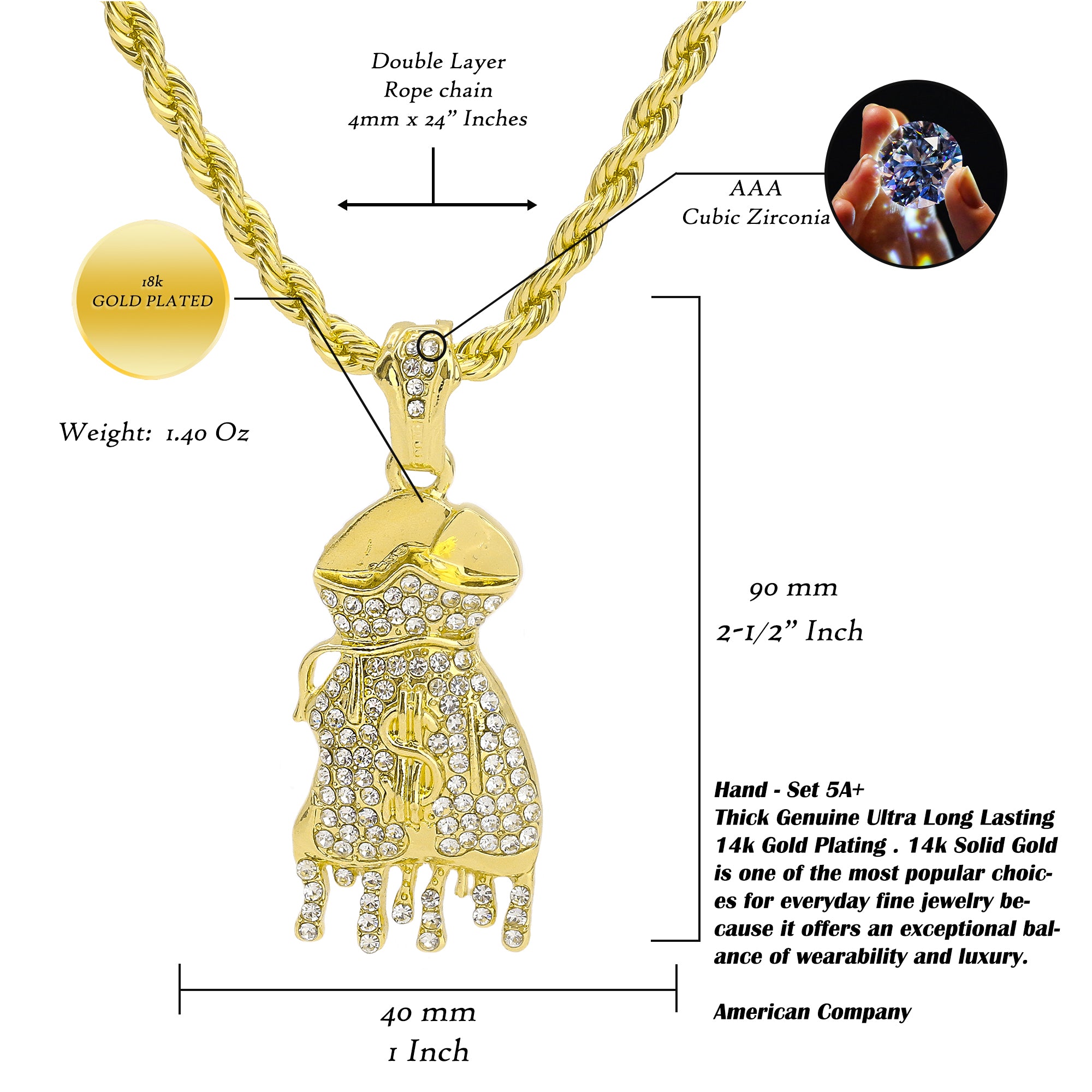 Drip Money Bag Flooded Pendant Rope Necklace Chain Men's Gold Hip Hop 18k Cz Jewelry