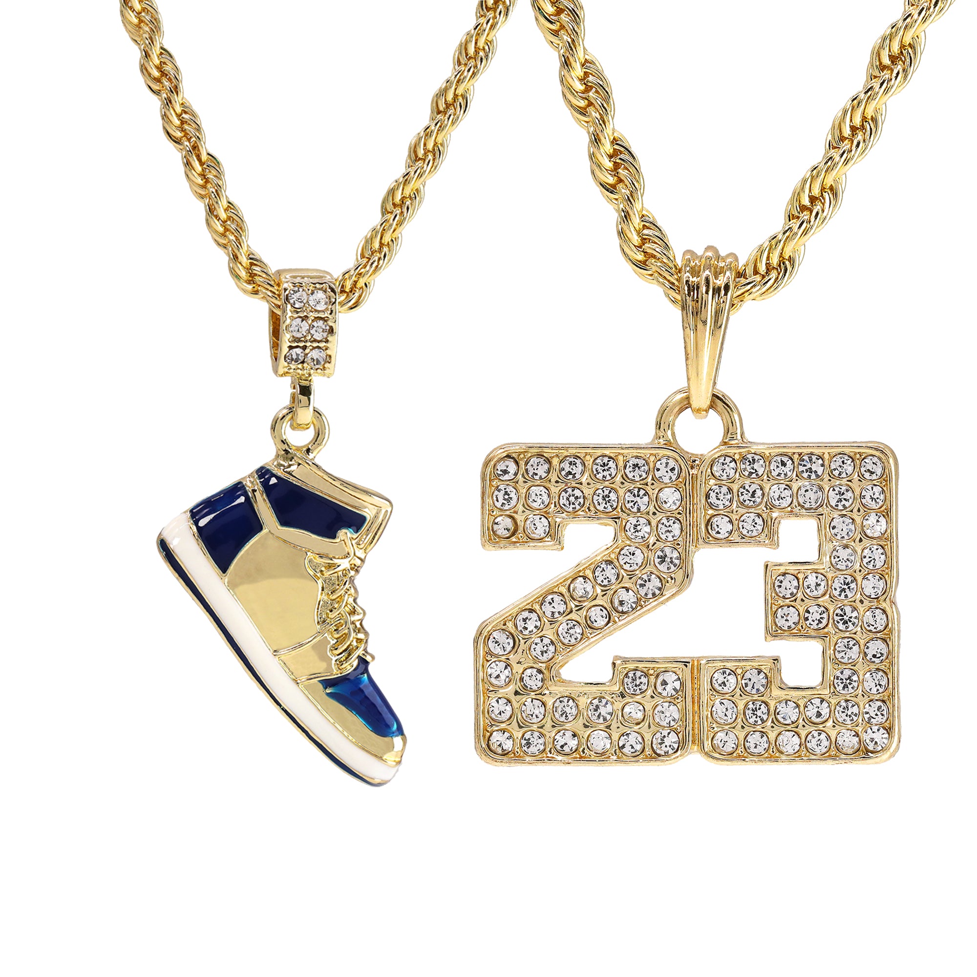 23 & Retro 1 Blue Shoe Pendant Men's Gold Plated 24 Rope Chain Hip-Hop Necklace
