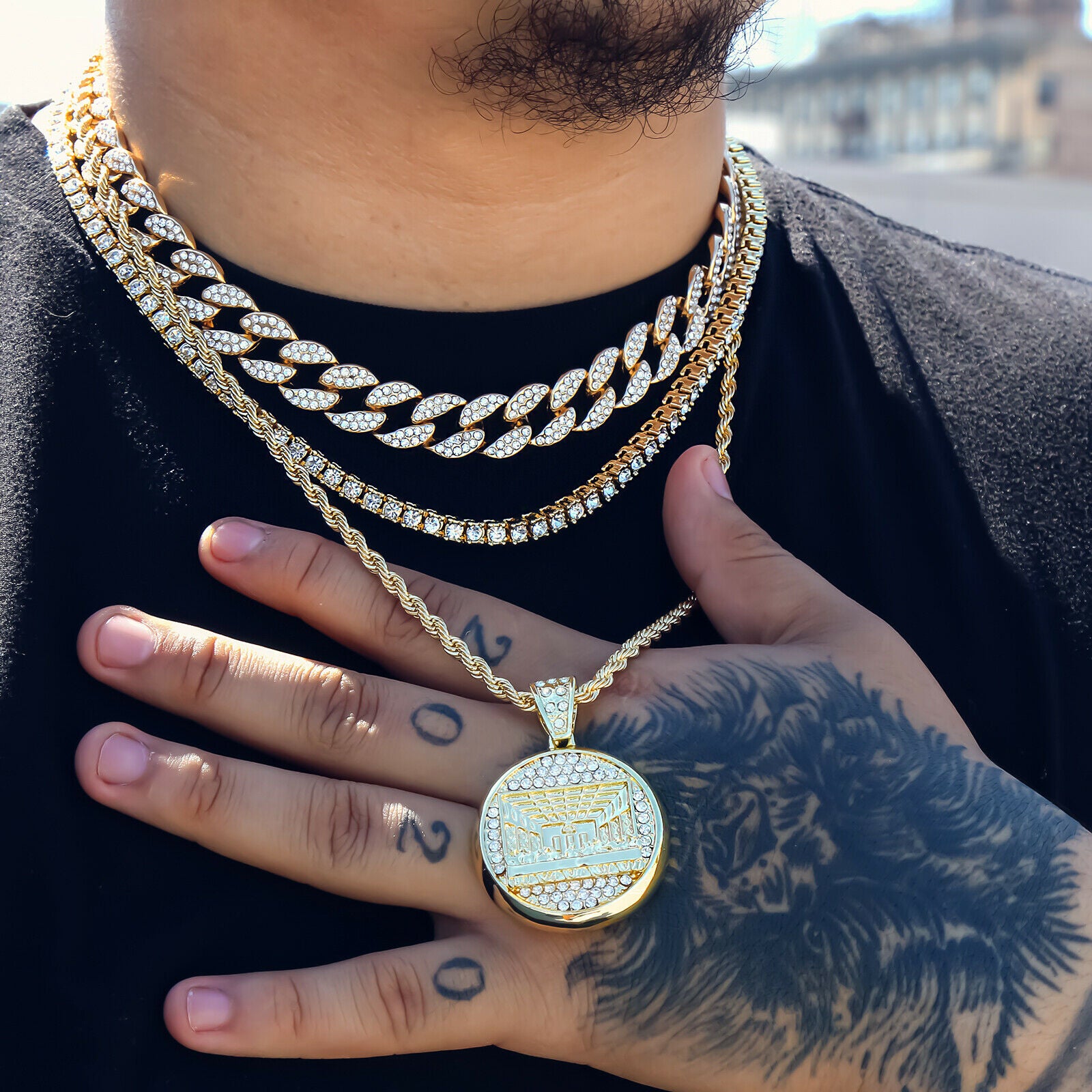 last Supper 4 Pcs Set Cuban, Tennis & Rope Chain Bundle Gold PT