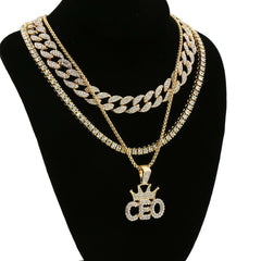 CEO 4 Pcs Set Cuban, Tennis & Round Box Chain Bundle Gold PT