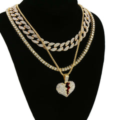 Broken Heart 4 Pcs Set Cuban, Tennis & Round Box Chain Bundle Gold PT