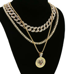 Medallion Tiger 4 Pcs Set Cuban, Tennis & Round Box Chain Bundle Gold PT