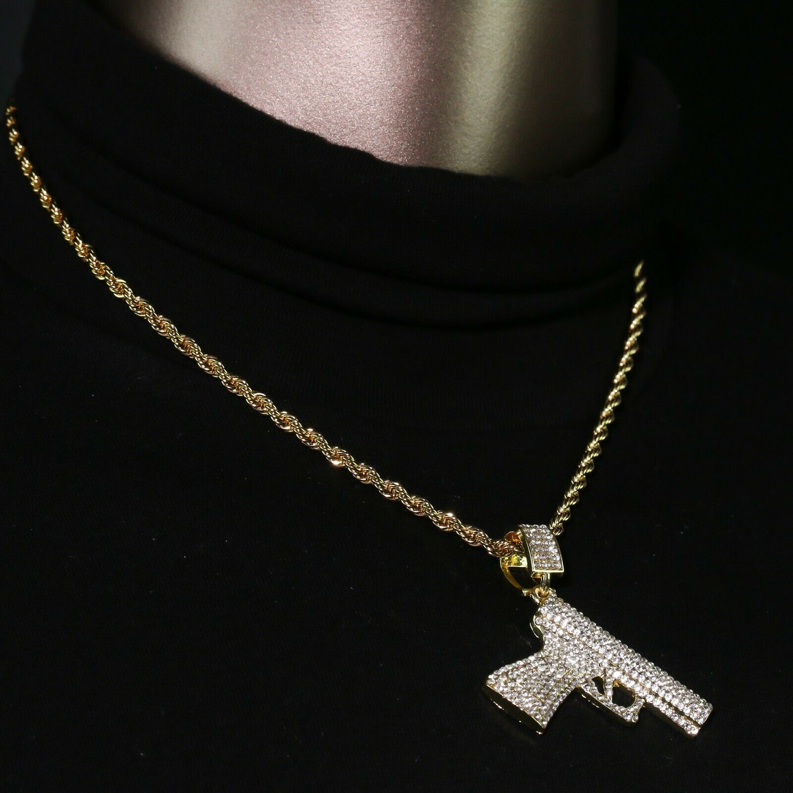14k Gold Plated Hip-Hop Cz Pistole Pendant 20" Choker Rope Chain Necklace