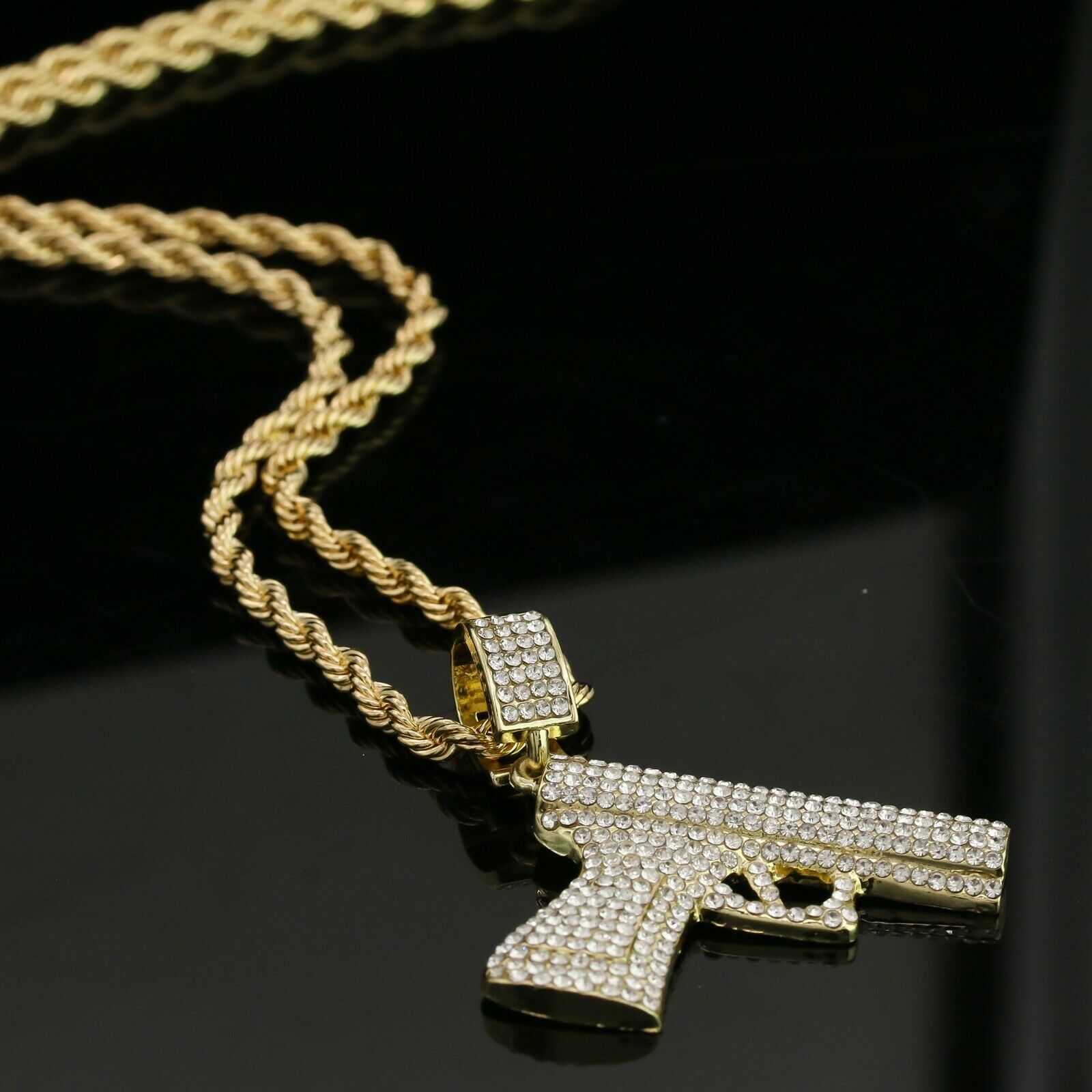 14k Gold Plated Hip-Hop Cz Pistole Pendant 20" Choker Rope Chain Necklace