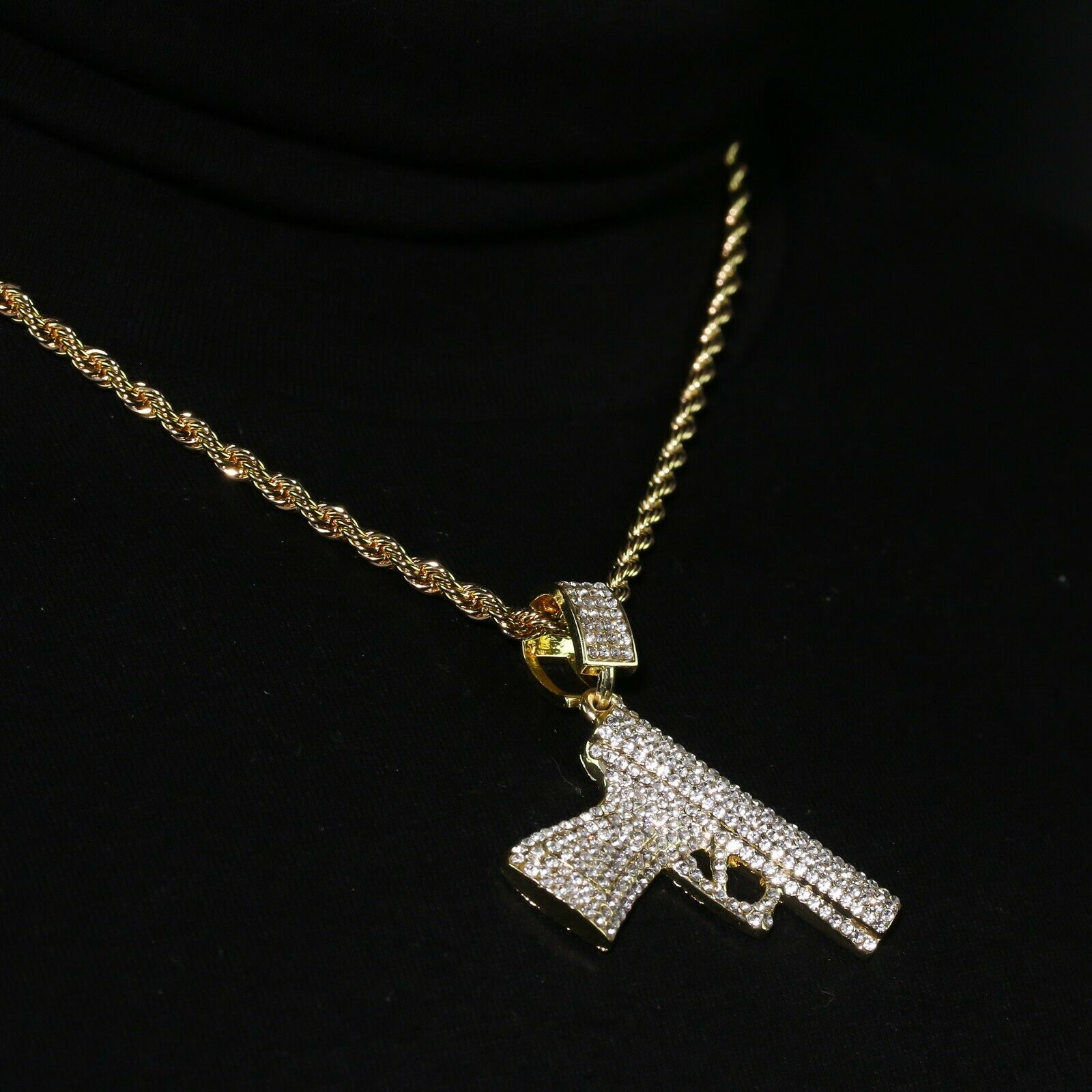 14k Gold Plated Hip-Hop Cz Pistole Pendant 20" Choker Rope Chain Necklace