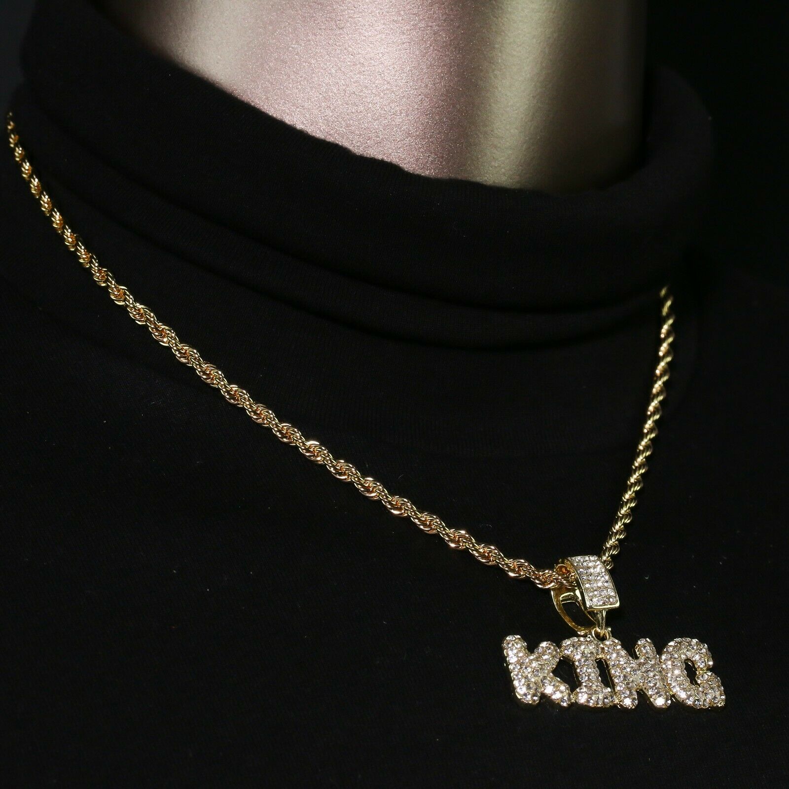 14k Gold Plated Hip-Hop CZ KING Pendant 20" Choker Rope Chain Necklace