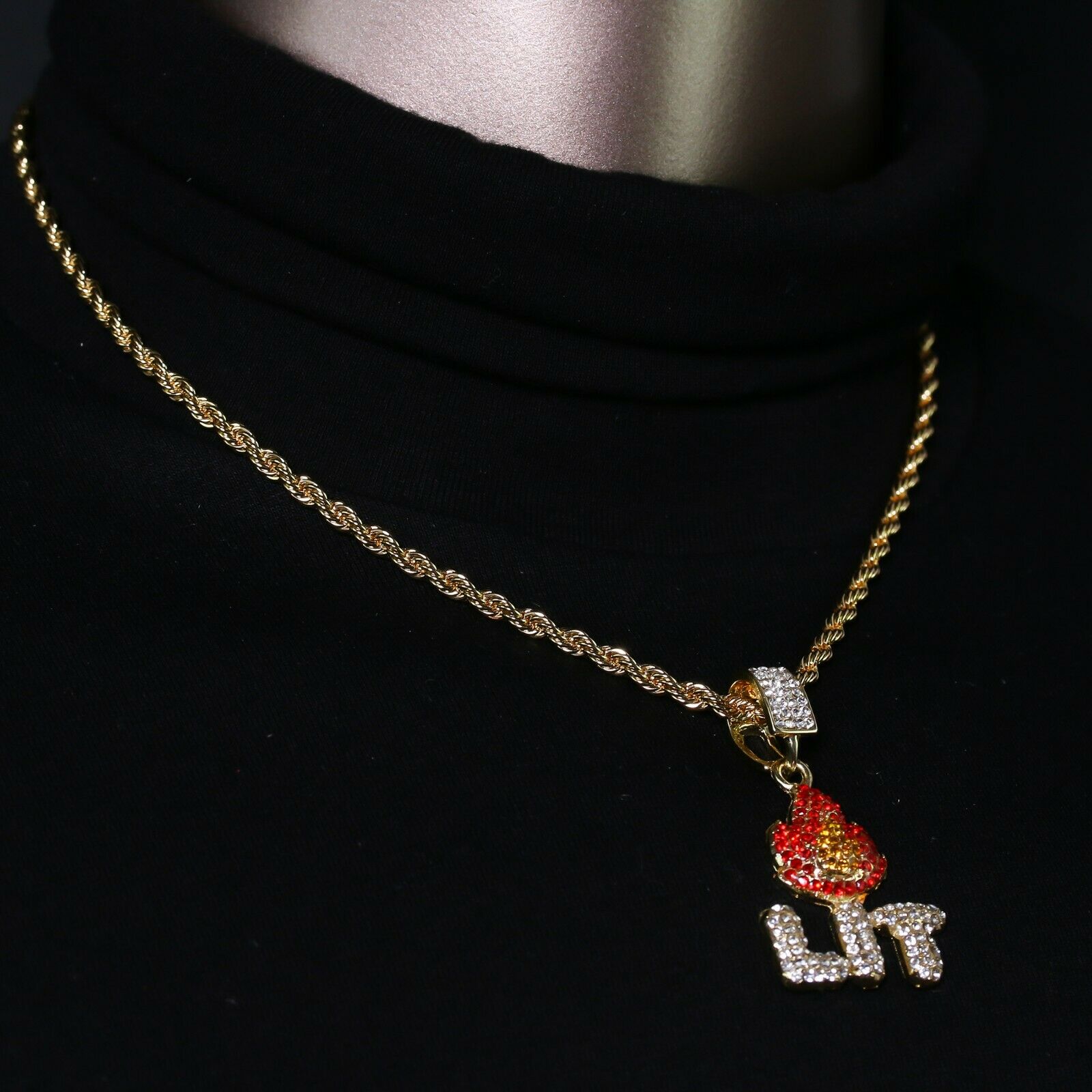 14k Gold Plated Hip-Hop CZ LIT FIRE Pendant 20" Choker Rope Chain Necklace