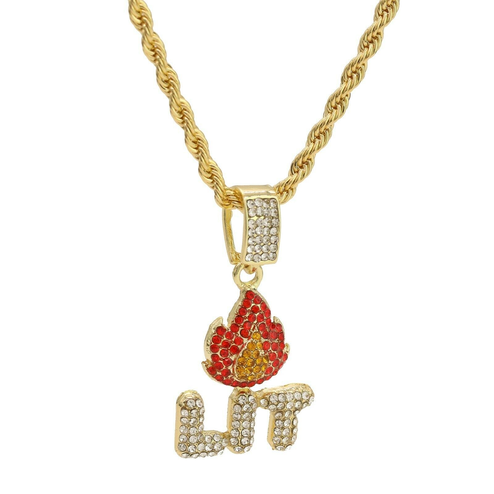 14k Gold Plated Hip-Hop CZ LIT FIRE Pendant 20" Choker Rope Chain Necklace