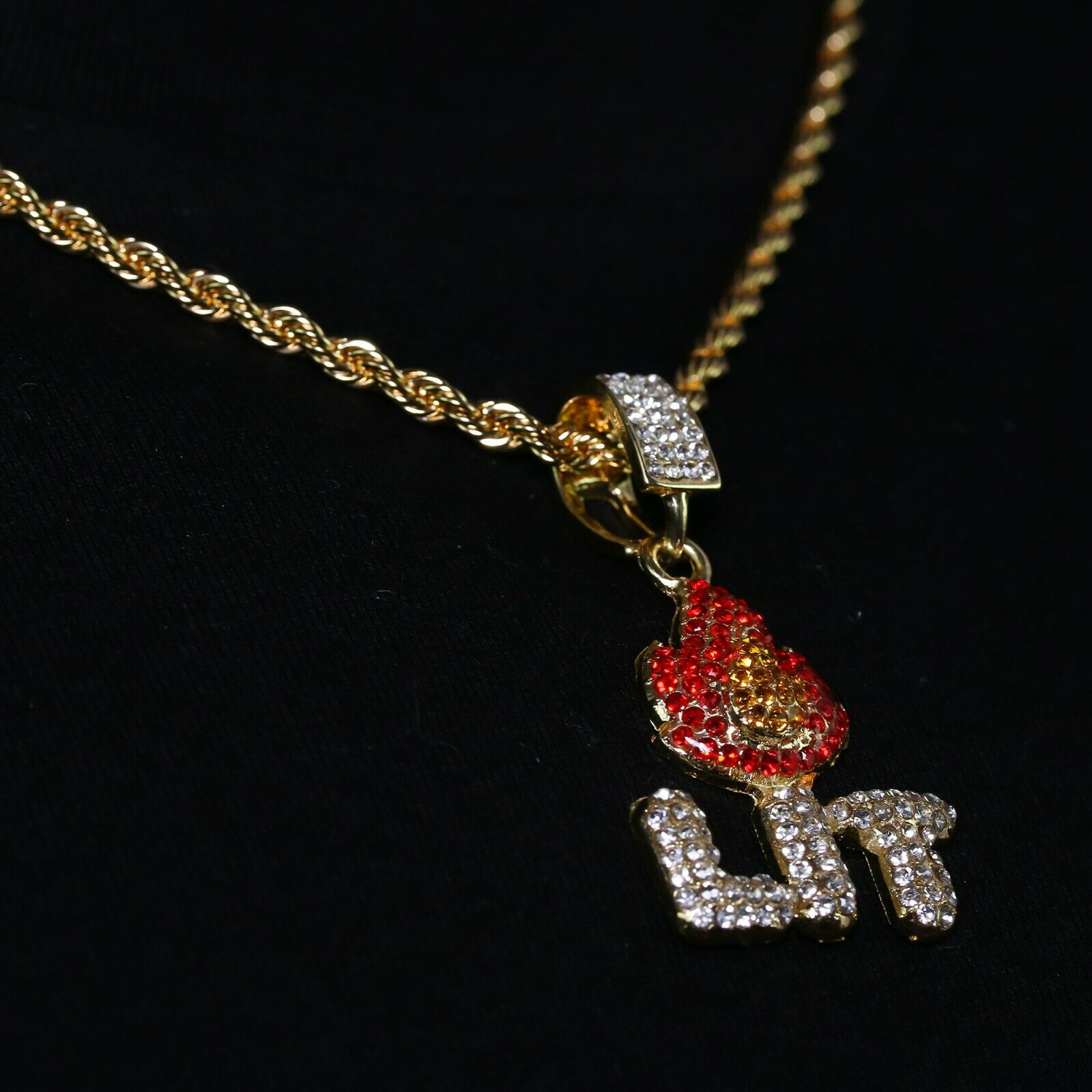 14k Gold Plated Hip-Hop CZ LIT FIRE Pendant 20" Choker Rope Chain Necklace