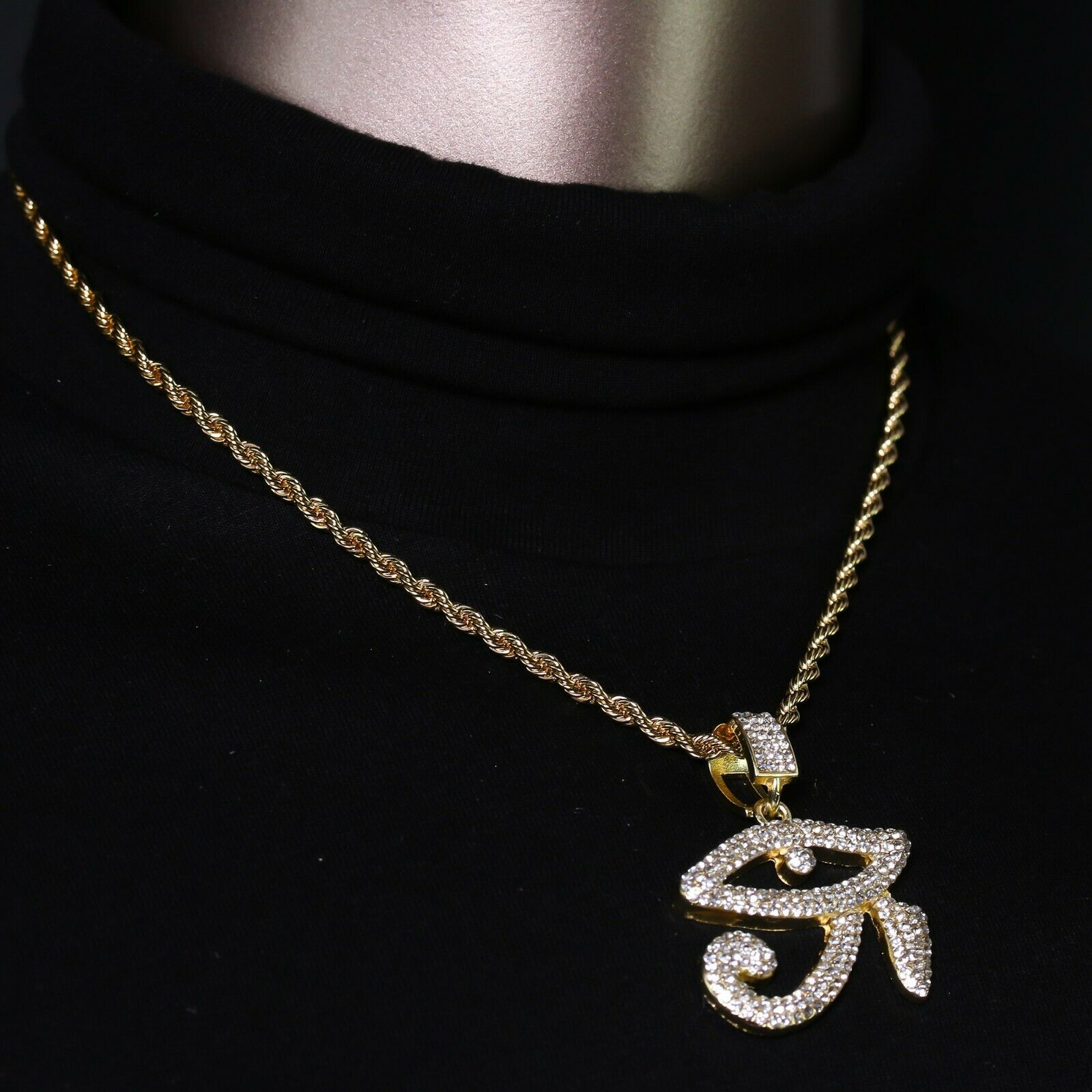 14k Gold Plated Hip-Hop CZ Eye of Horus Pendant 20" Choker Rope Chain Necklace