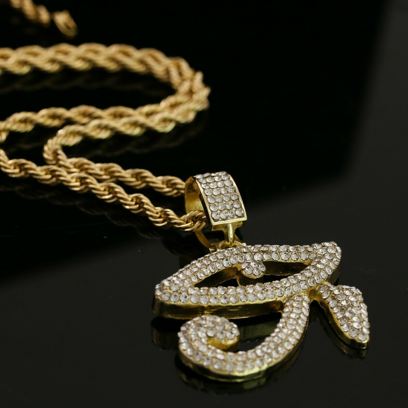 14k Gold Plated Hip-Hop CZ Eye of Horus Pendant 20" Choker Rope Chain Necklace