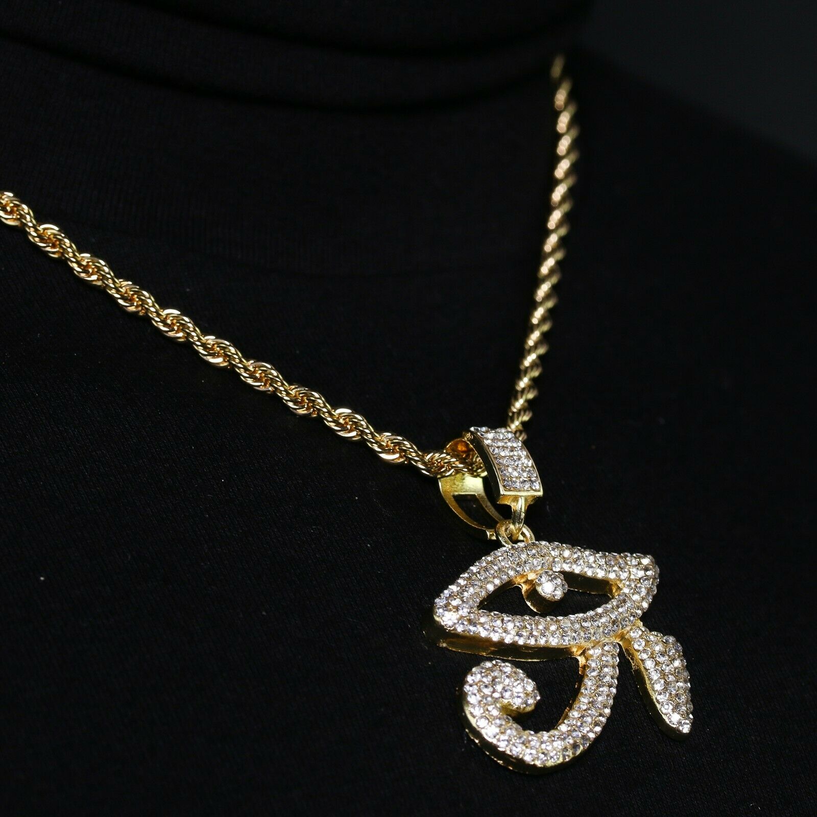 14k Gold Plated Hip-Hop CZ Eye of Horus Pendant 20" Choker Rope Chain Necklace