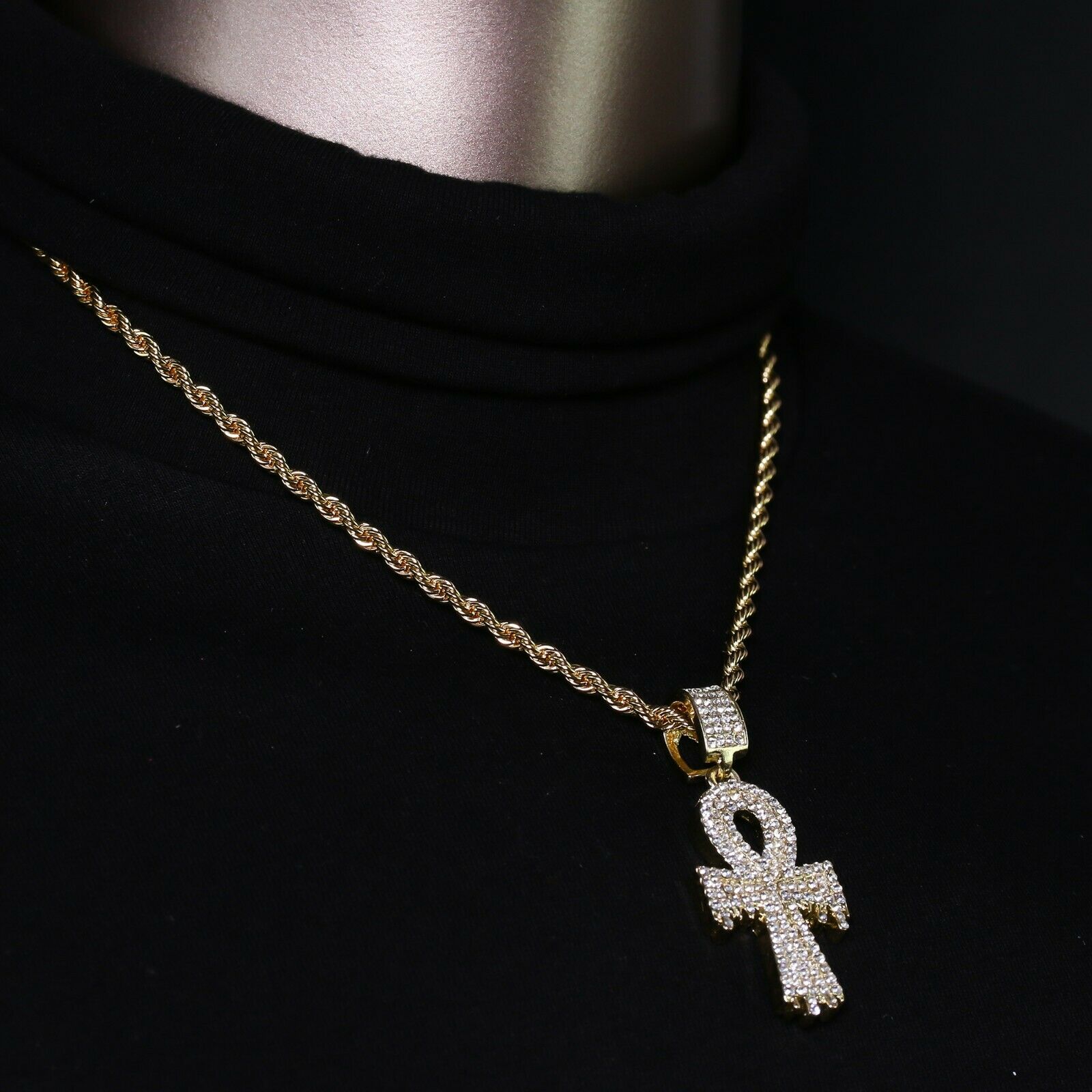 14k Gold Plated Hip-Hop CZ Drip Ankh Pendant 20" Choker Rope Chain Necklace