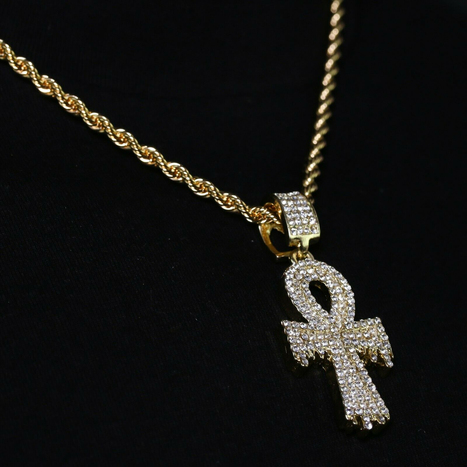 14k Gold Plated Hip-Hop CZ Drip Ankh Pendant 20" Choker Rope Chain Necklace