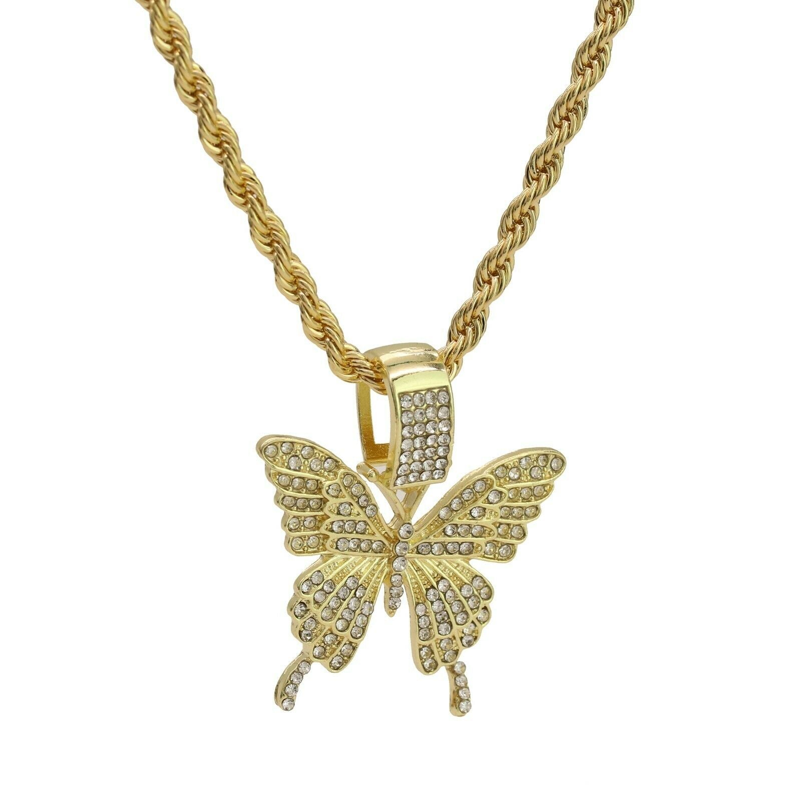 14k Gold Plated Hip-Hop CZ Butterfly Pendant 20" Choker Rope Chain Necklace