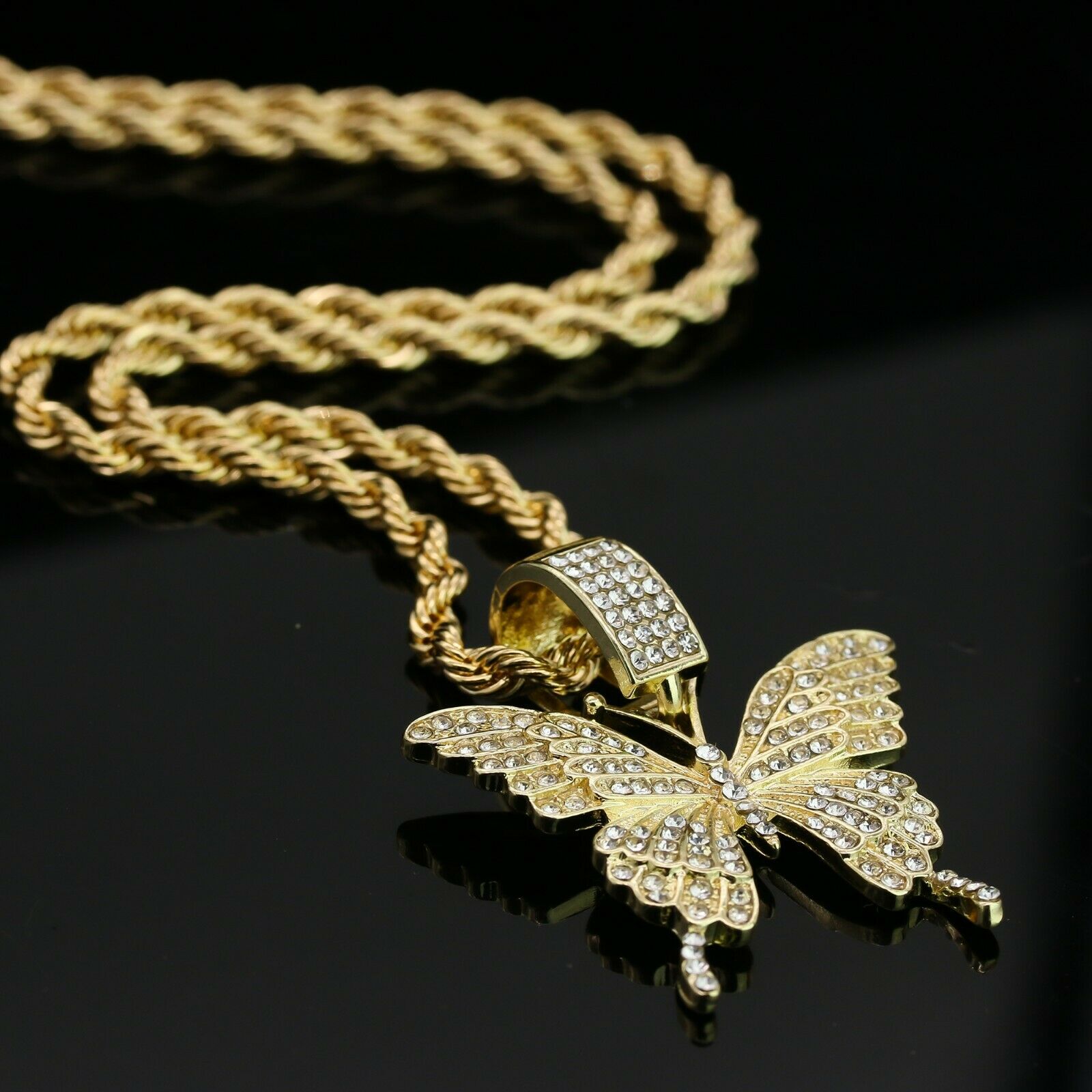 14k Gold Plated Hip-Hop CZ Butterfly Pendant 20" Choker Rope Chain Necklace