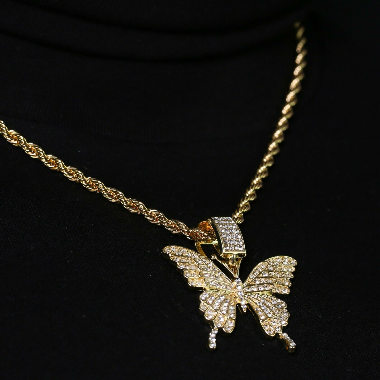 14k Gold Plated Hip-Hop CZ Butterfly Pendant 20" Choker Rope Chain Necklace